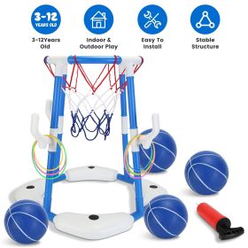 Summer Pool Basketball Hoop Toy Set With 4 Basketballs 4 Circles Pump Floating Swimming Pool Basketball Games Poolside Water Play Toy For 3-12Yea (Color: Blue)