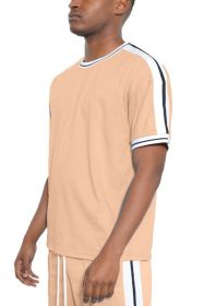 STRIPED TAPE SHORT SLEEVE TSHIRT (Color: SAND, size: 2XL)