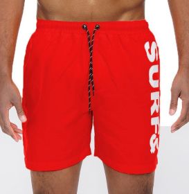 Solid Lined Beach Swim Text Swim Shorts (Color: Red, size: S)