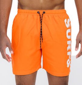 Solid Lined Beach Swim Text Swim Shorts (Color: Orange, size: XL)