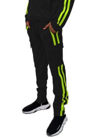 Two Stripe Cargo Pouch Track Pants (Color: black lime, size: 2XL)